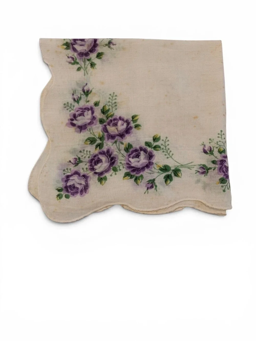 VINTAGE Floral Scalloped Handkerchief Purple Roses Cream Cotton